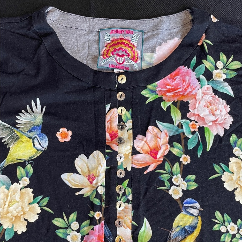 Johnny Was Black Floral & Bird Blouse The Janie Favorite Button Front multi